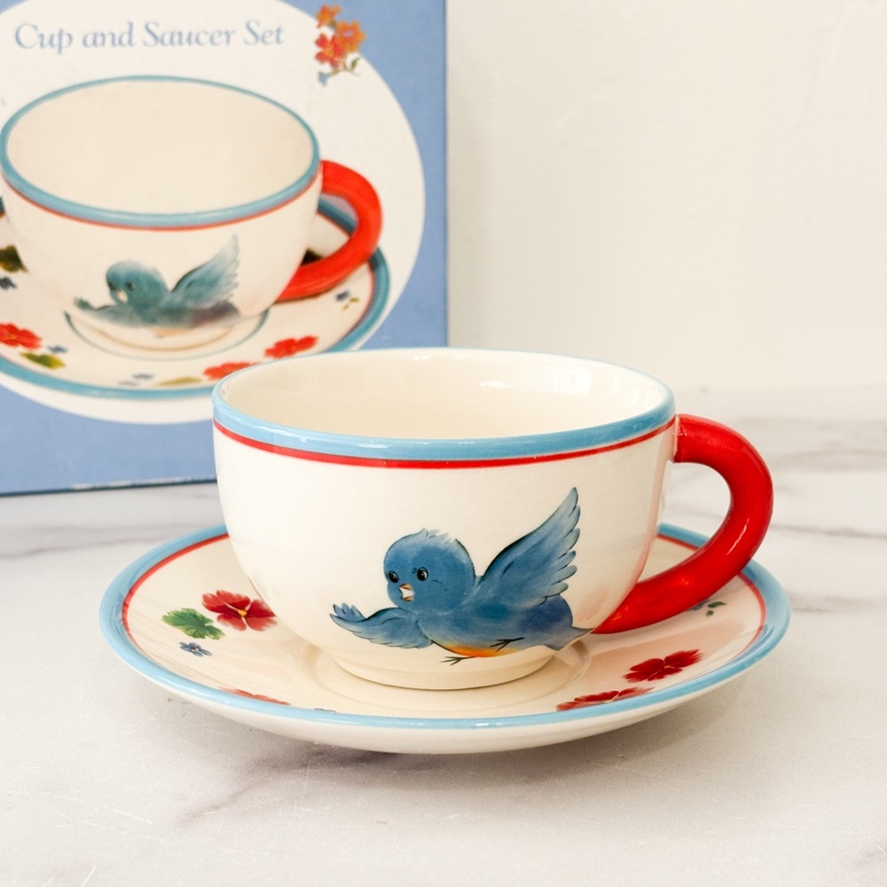 Vintage Bluebird Teacup and Saucer Set Handpainted Cottagecore